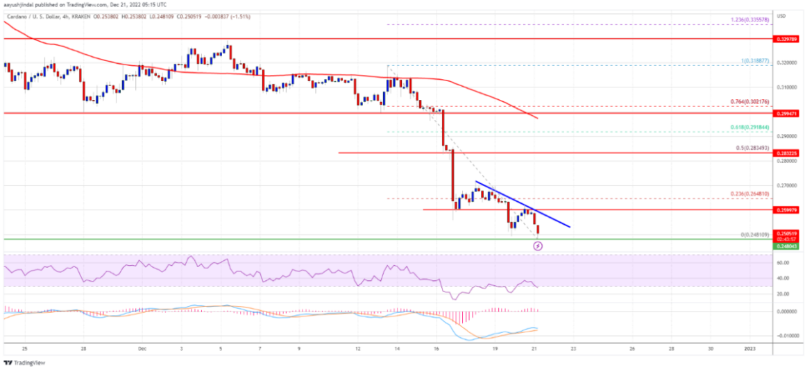 Cardano Technical Analysis showing support and resistance alongside indicators that show a potential downside trend.