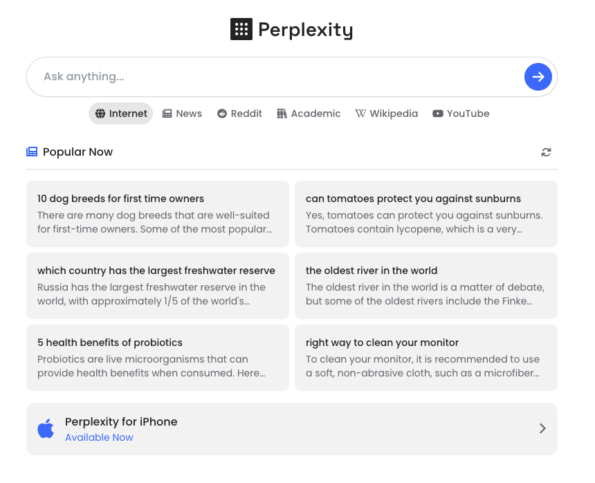 Perplexity AI Homescreen