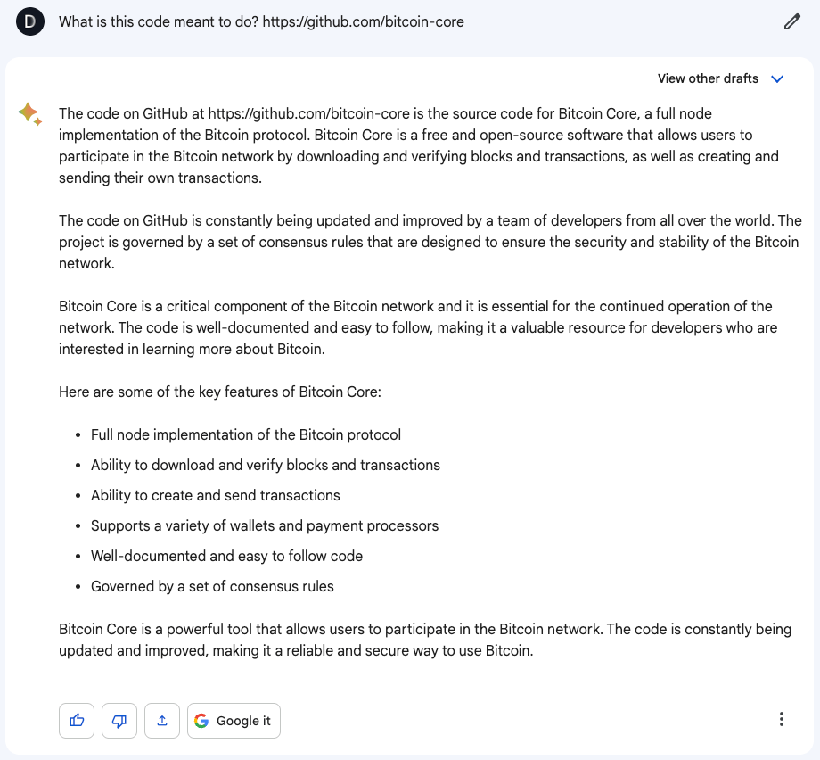 Google Bard summarising the code for Bitcoin core.